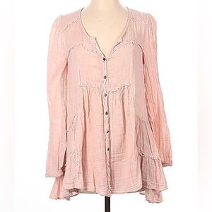 Free People Gauzy Ruffle Boho Top Tunic Pale Pink Size Medium